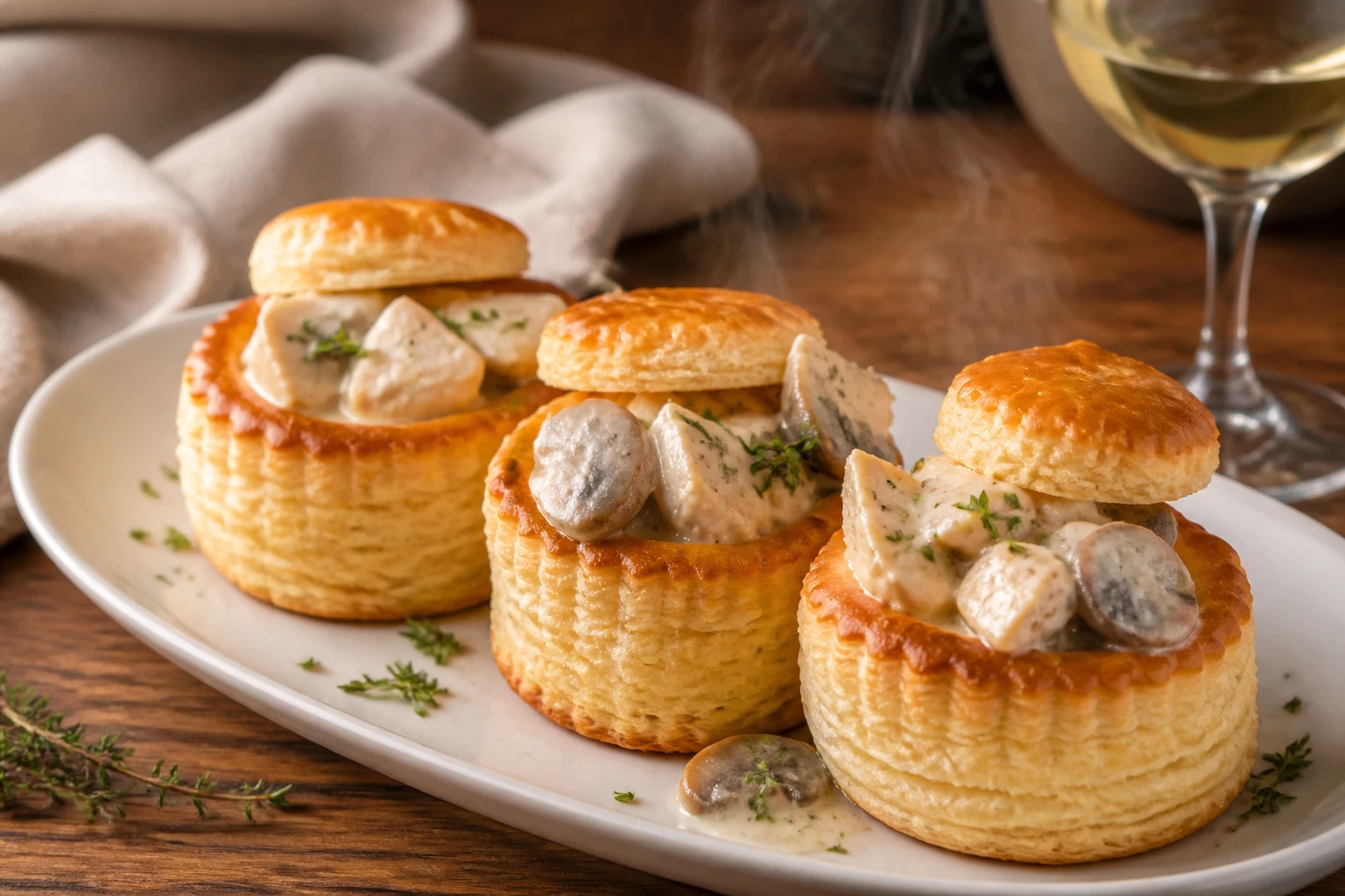 Bouchées à la reine façon grand-mère garnies de sauce velouté au poulet et champignons, servies sur un plat blanc