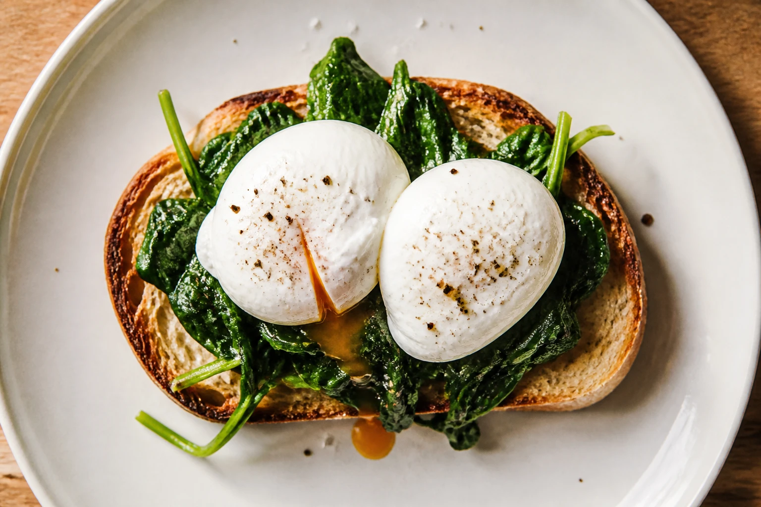 Deux oeufs pochés sur pain de campagne grillé avec épinards, fleur de sel, lumière naturelle
