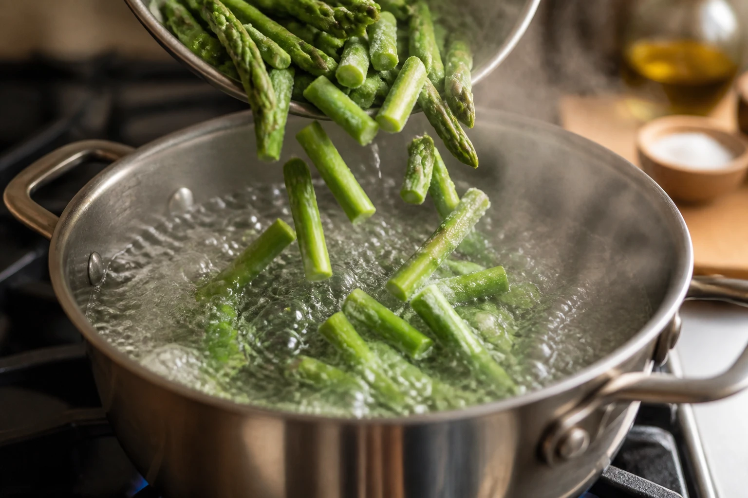 Asperges congelées plongées dans une casserole d'eau bouillante salée, vapeur montante, lumière naturelle de cuisine