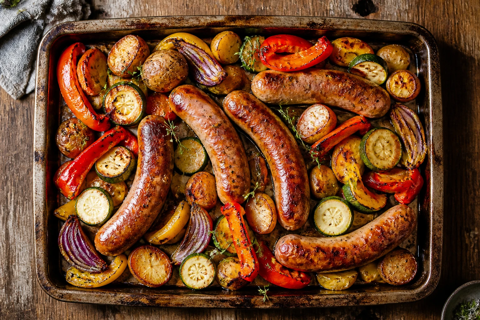 Plaque de four avec saucisses de Toulouse et légumes rôtis : poivrons, courgettes, grenailles et oignons caramélisés