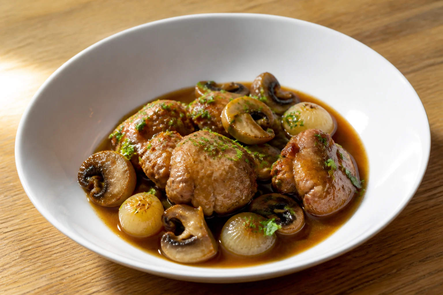 Assiette de ris de veau à la grand-mère avec sauce fond de veau, champignons et oignons grelots