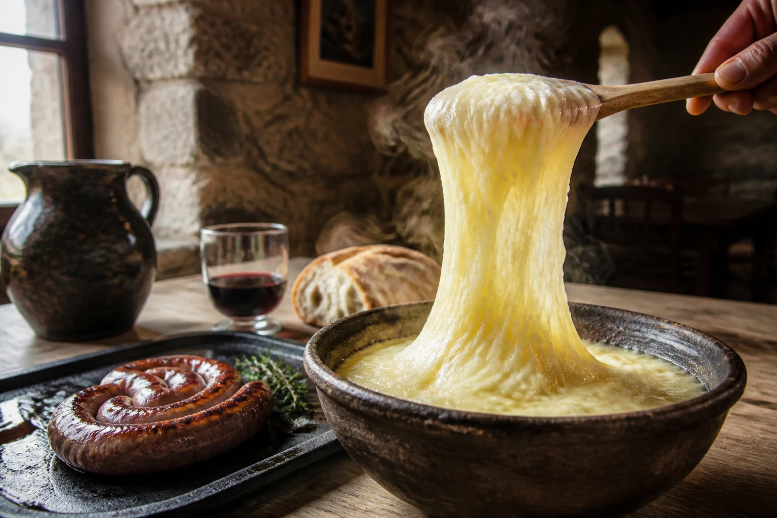 Bol d'aligot filant servi avec une saucisse de Toulouse grillée sur une table rustique de l'Aubrac