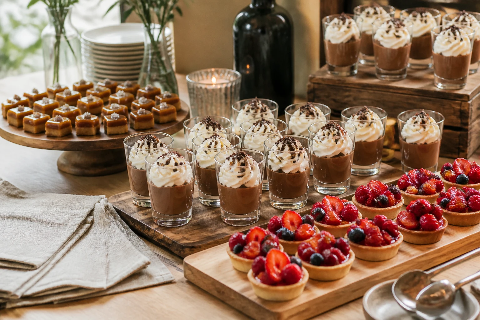 Buffet de verrines et mini-desserts pour un apéro dînatoire, présentation élégante sur table en bois
