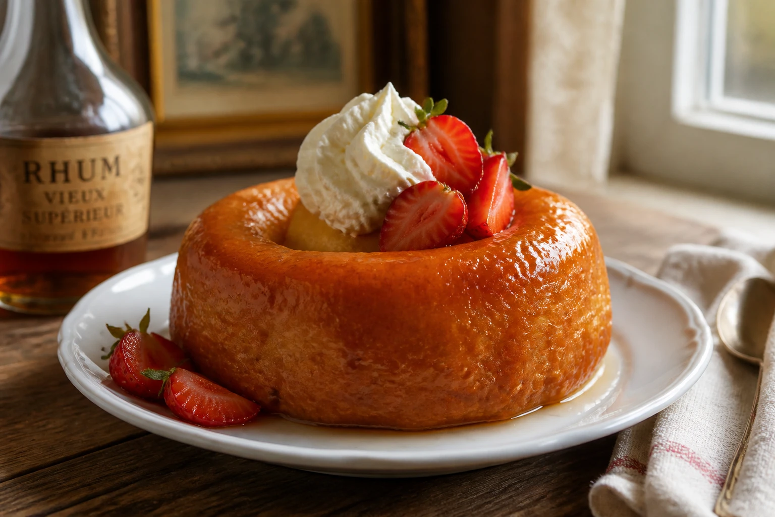 Baba au rhum doré et imbibé de sirop, garni de fraises et chantilly sur assiette blanche