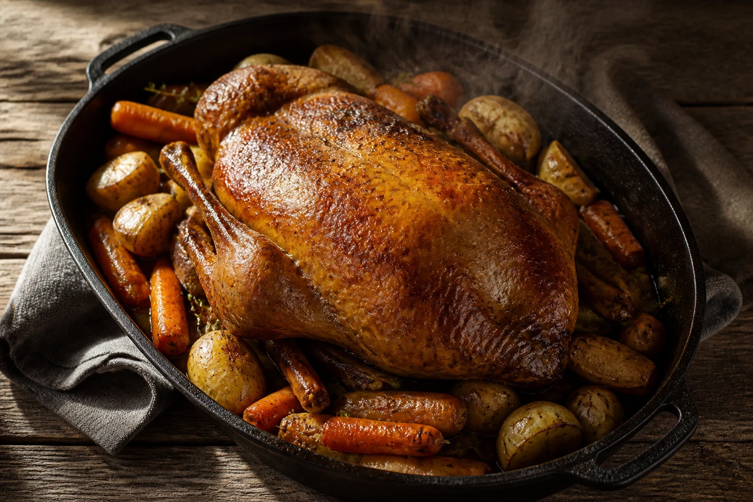 Canette rôtie dorée dans un plat en fonte entourée de carottes et pommes de terre, table en bois rustique