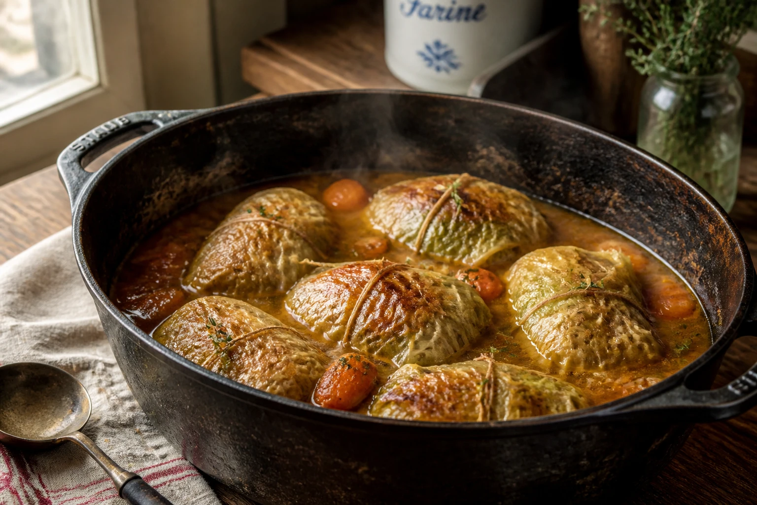 Choux farcis dorés en cocotte fonte avec bouillon ambré, ficelle de boucher et herbes aromatiques