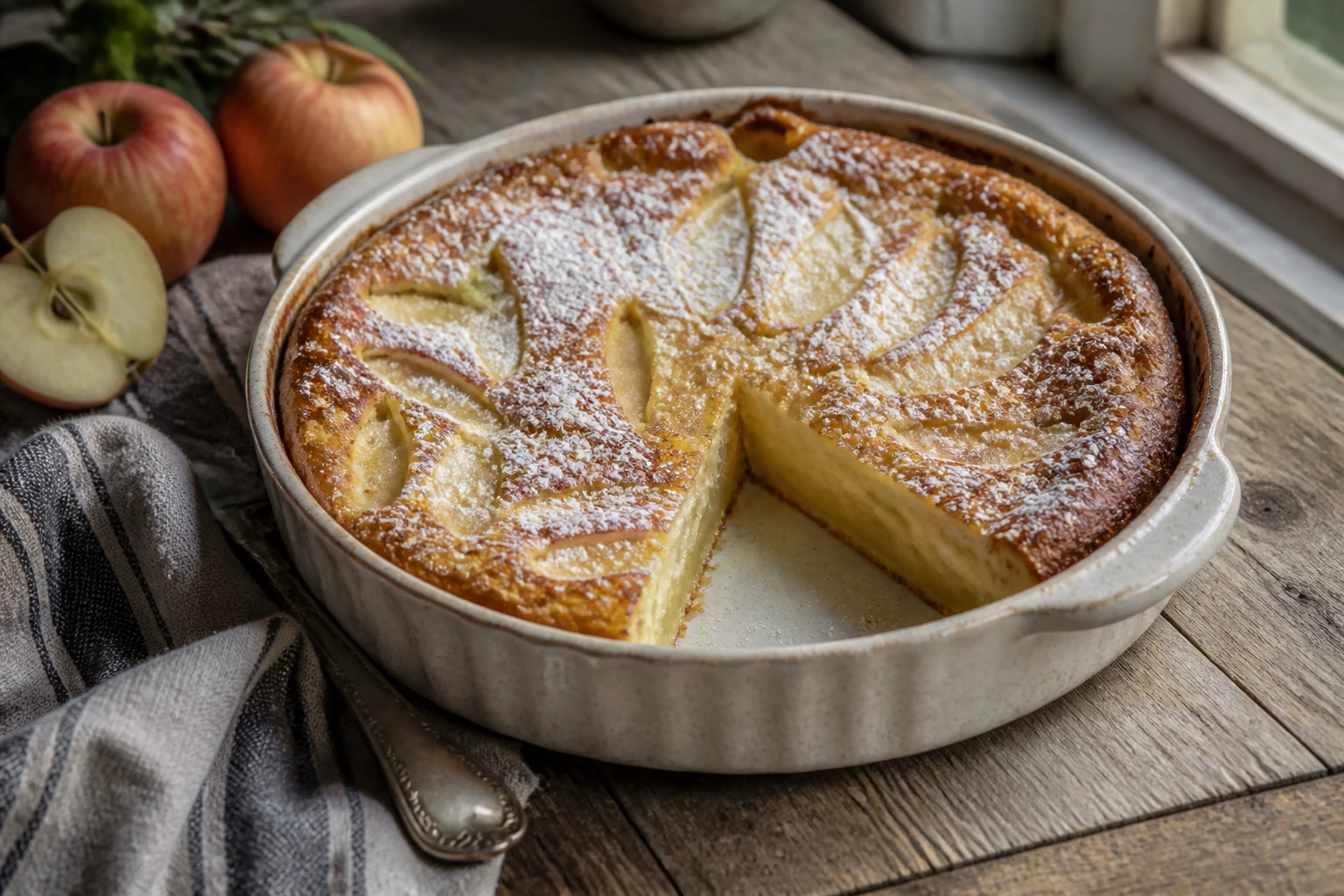 Clafoutis aux pommes maison dans un plat en céramique crème, saupoudré de sucre glace, tranché pour révéler sa texture fondante et ses pommes fondues