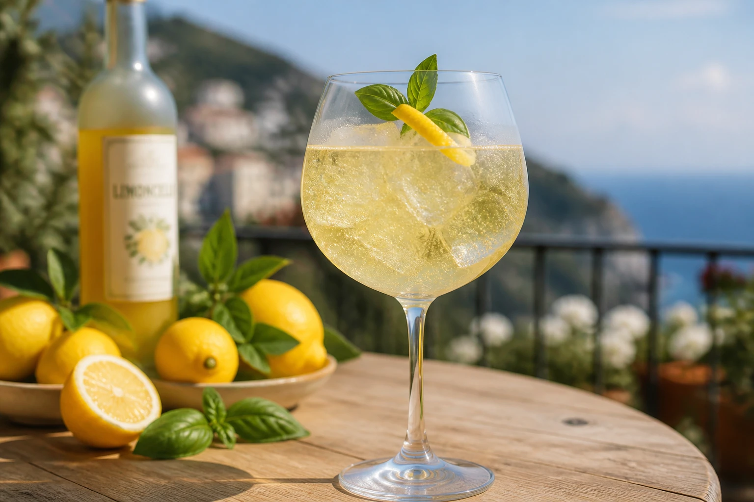 Limoncello Spritz dans verre ballon avec glaçons, zeste de citron et bouteille en arrière-plan