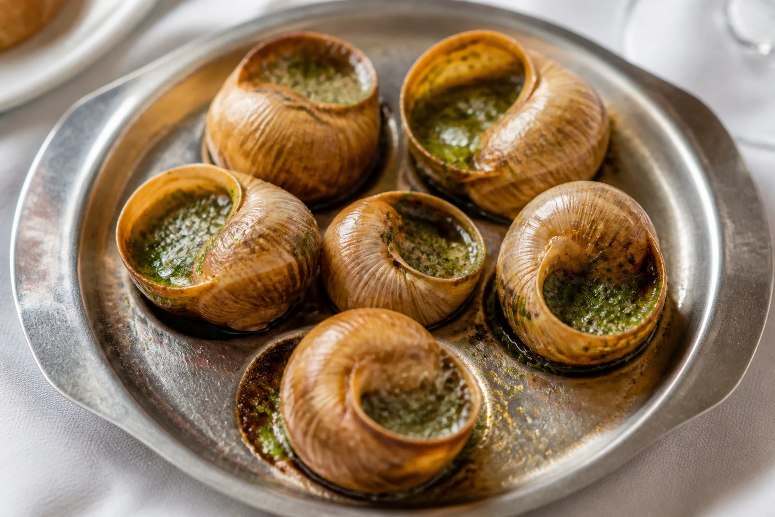 Escargots surgelés cuits au four avec beurre persillé dorés dans un plat traditionnel en céramique