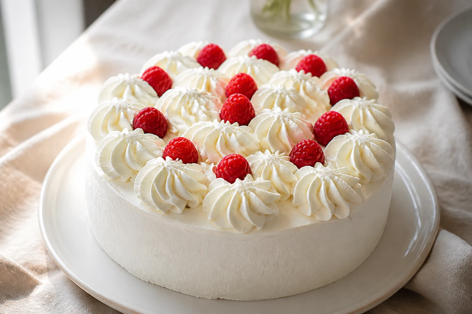 Gâteau rond recouvert de chantilly et décoré de rosaces et framboises sur plat blanc