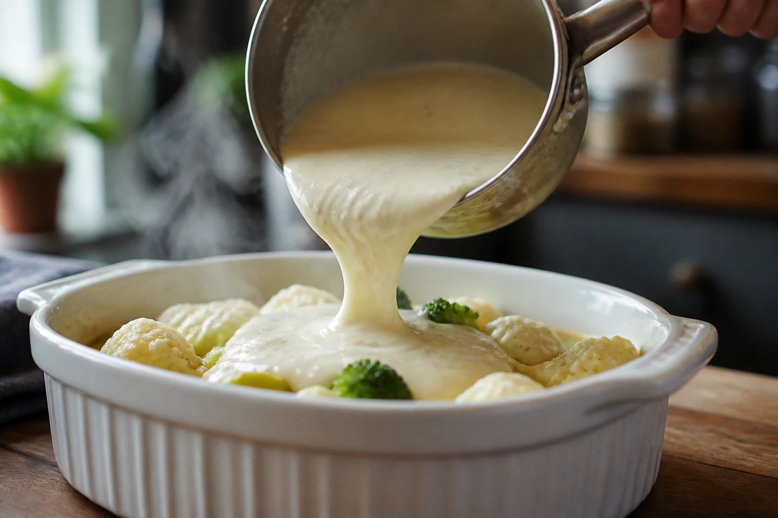 Sauce béchamel onctueuse sans farine versée dans un plat à gratin en céramique blanche