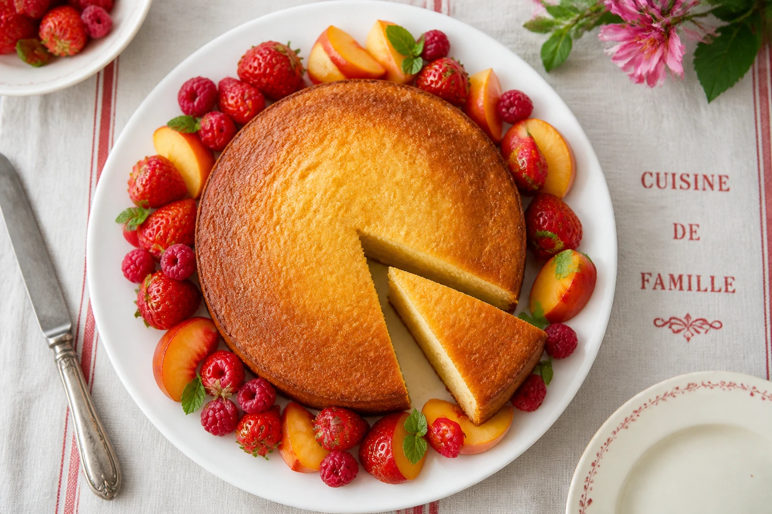 Gâteau léger au yaourt tranché servi avec une salade de fruits frais sur une table en lin