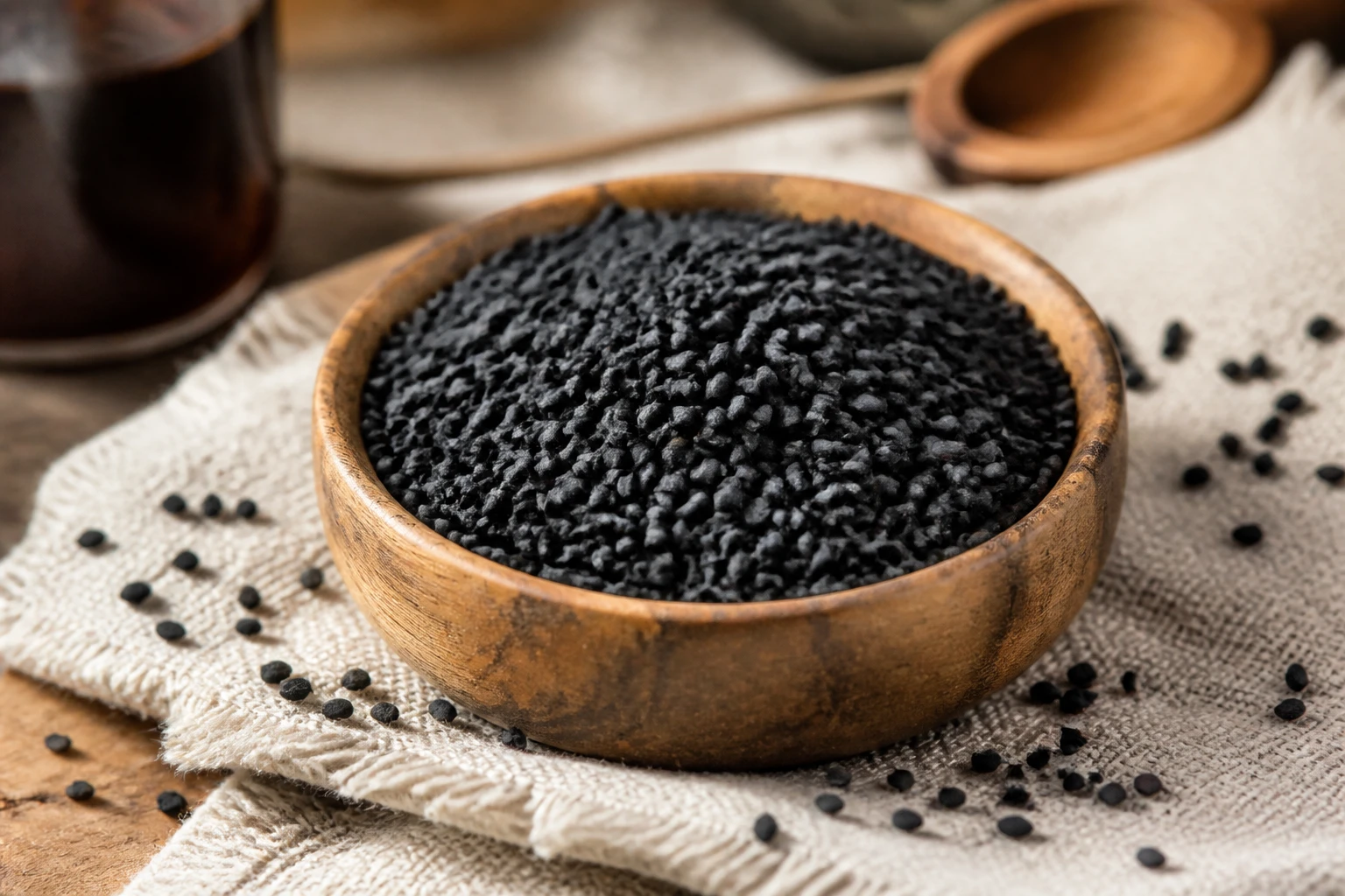 Graines de nigelle noires dans un bol en bois sur tissu naturel, lumière douce