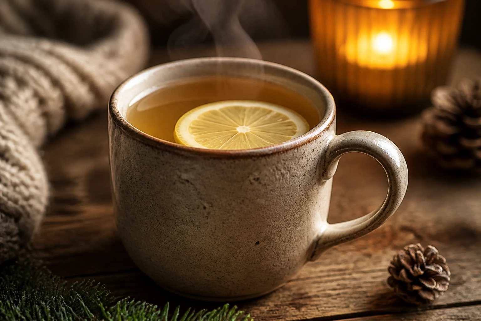 Tasse de grog chaud maison avec citron et miel sur table en bois rustique, ambiance hivernale