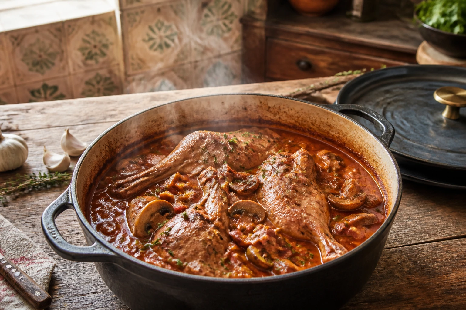 Cocotte en fonte avec lapin chasseur façon grand-mère, champignons dorés et sauce au vin blanc