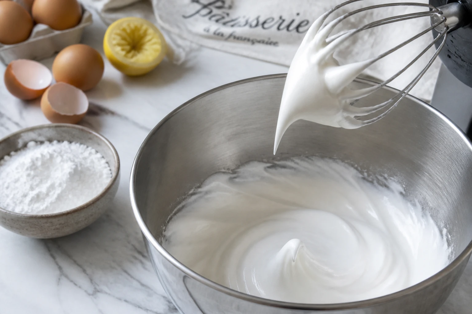 Meringue française brillante en cours de fouettage dans un saladier en inox, test du bec d'oiseau réussi