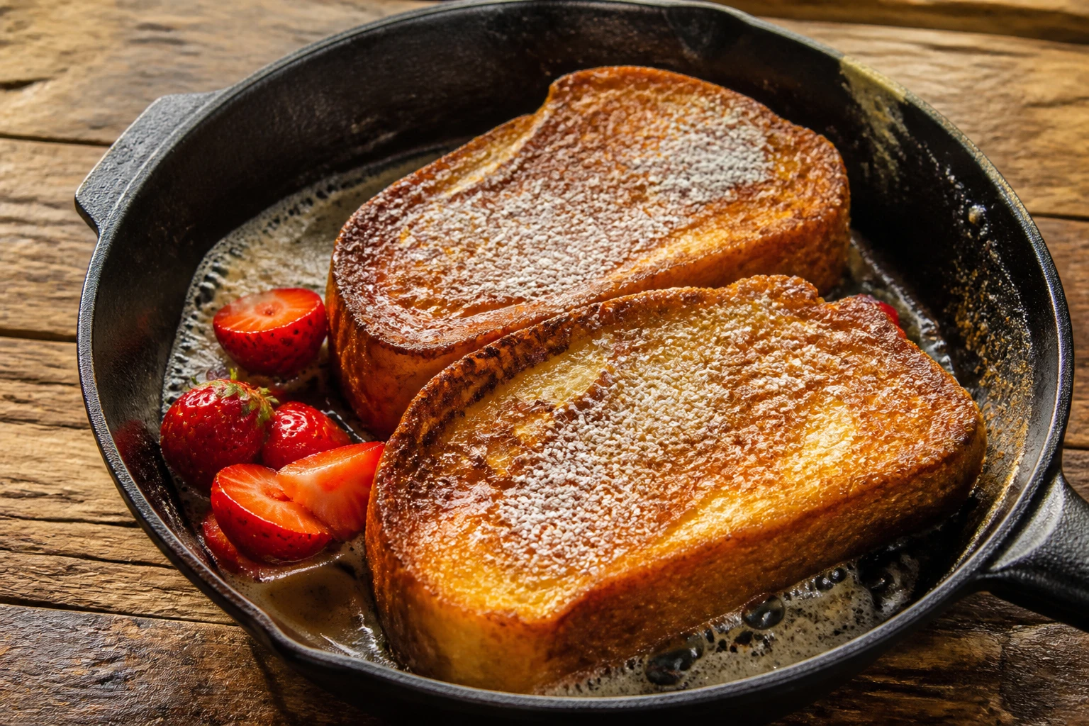 Pain perdu doré dans une poêle en fonte, sucre glace et fraises fraîches, lumière naturelle du matin
