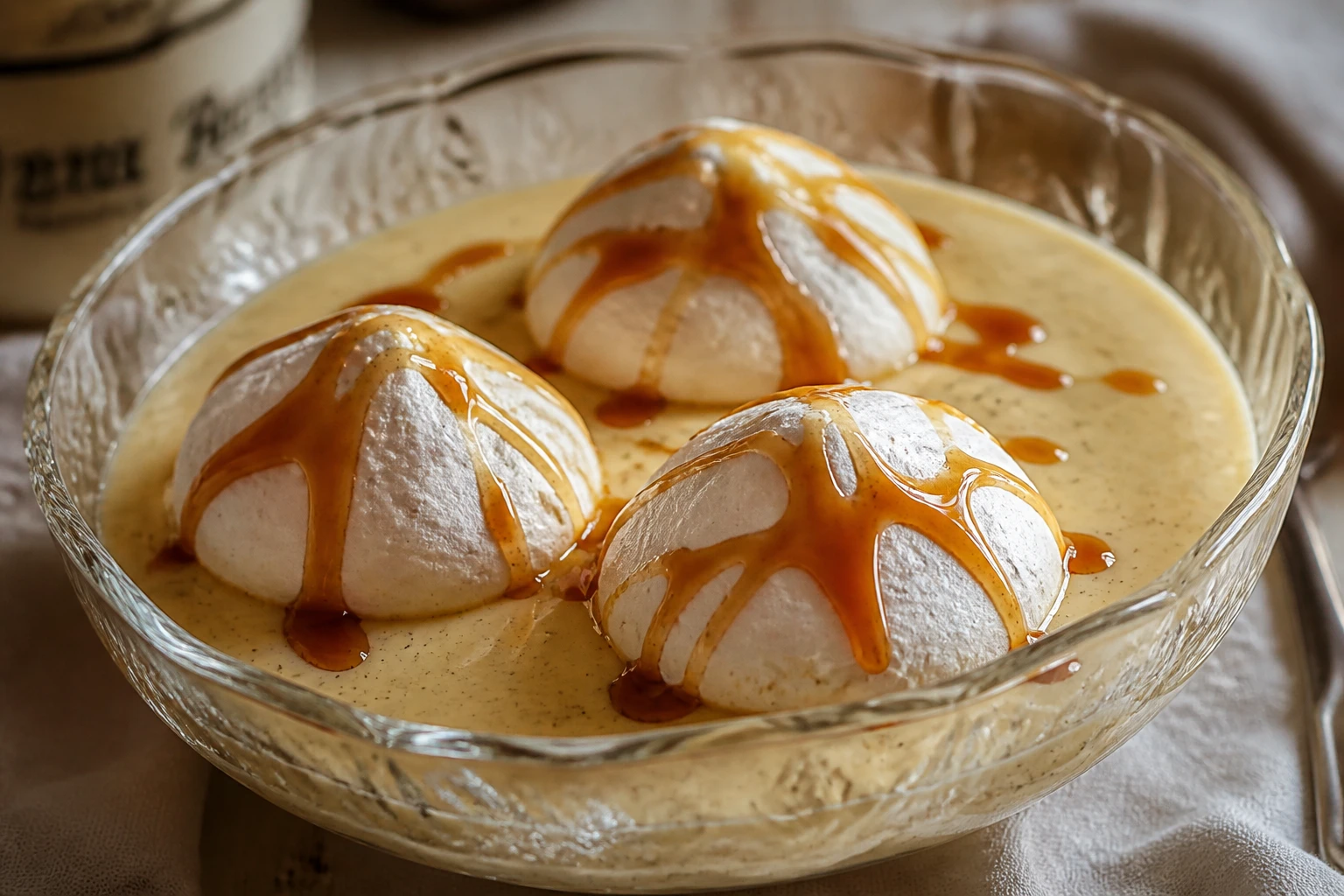 Œufs à la neige dans une coupe en verre avec crème anglaise vanillée et caramel ambré