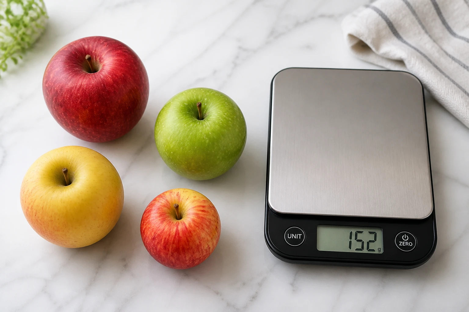 Quatre pommes de calibres différents posées sur une balance de cuisine, lumière naturelle douce