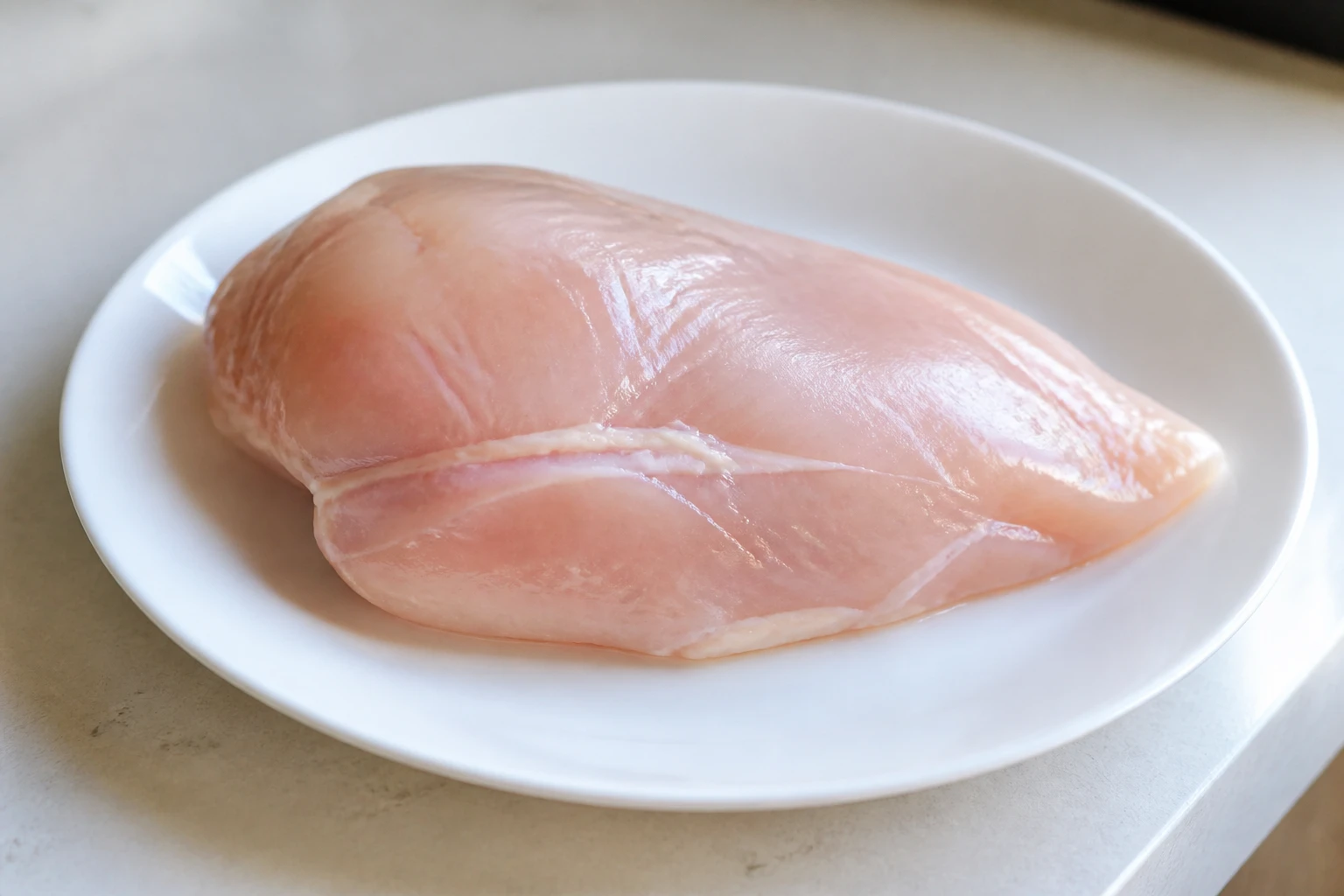 Poulet cru frais sur assiette blanche, chair rosée et texture visible, lumière naturelle
