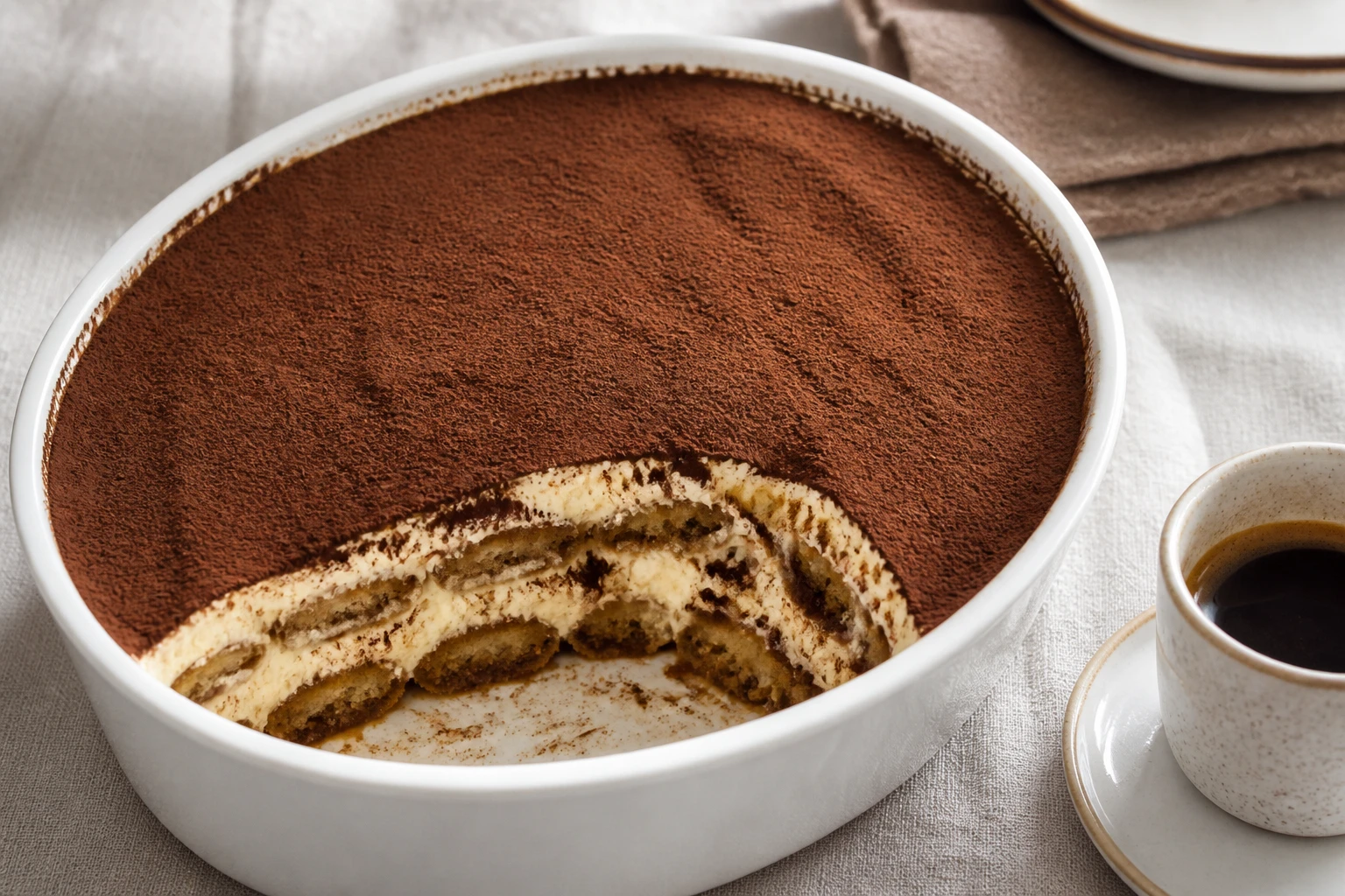Tiramisu bien ferme coupé en part avec couches visibles de crème mascarpone et biscuits imbibés saupoudrés de cacao
