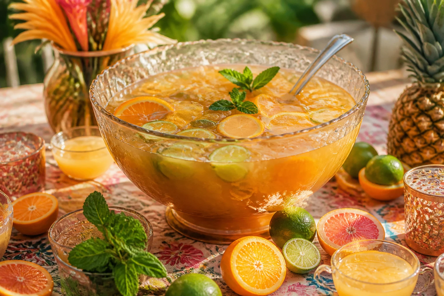 Grand saladier de punch planteur tropical pour une fête de 50 personnes, entouré de fruits frais