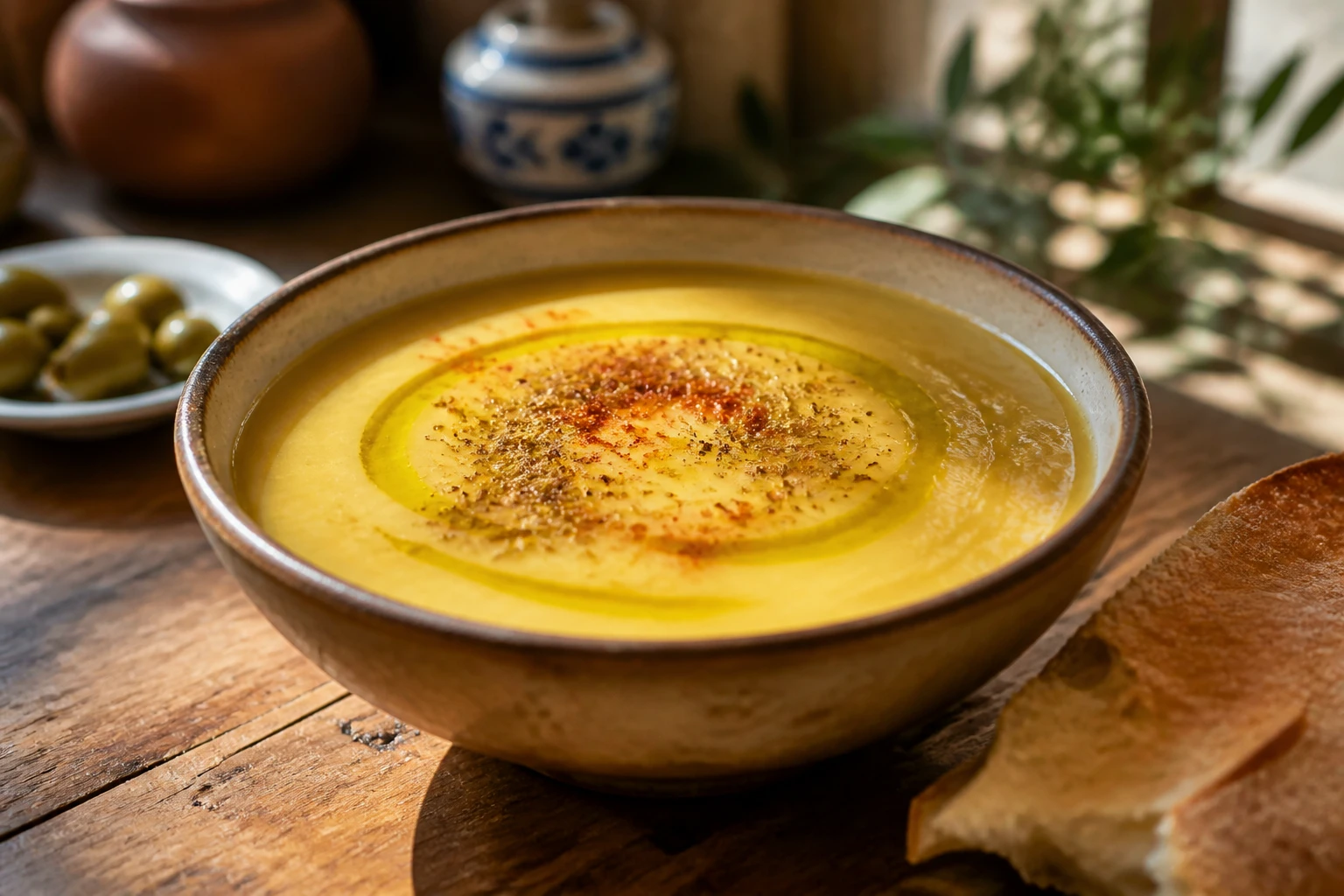 Bol de bissara marocaine aux fèves avec filet d'huile d'olive et cumin, pain khobz