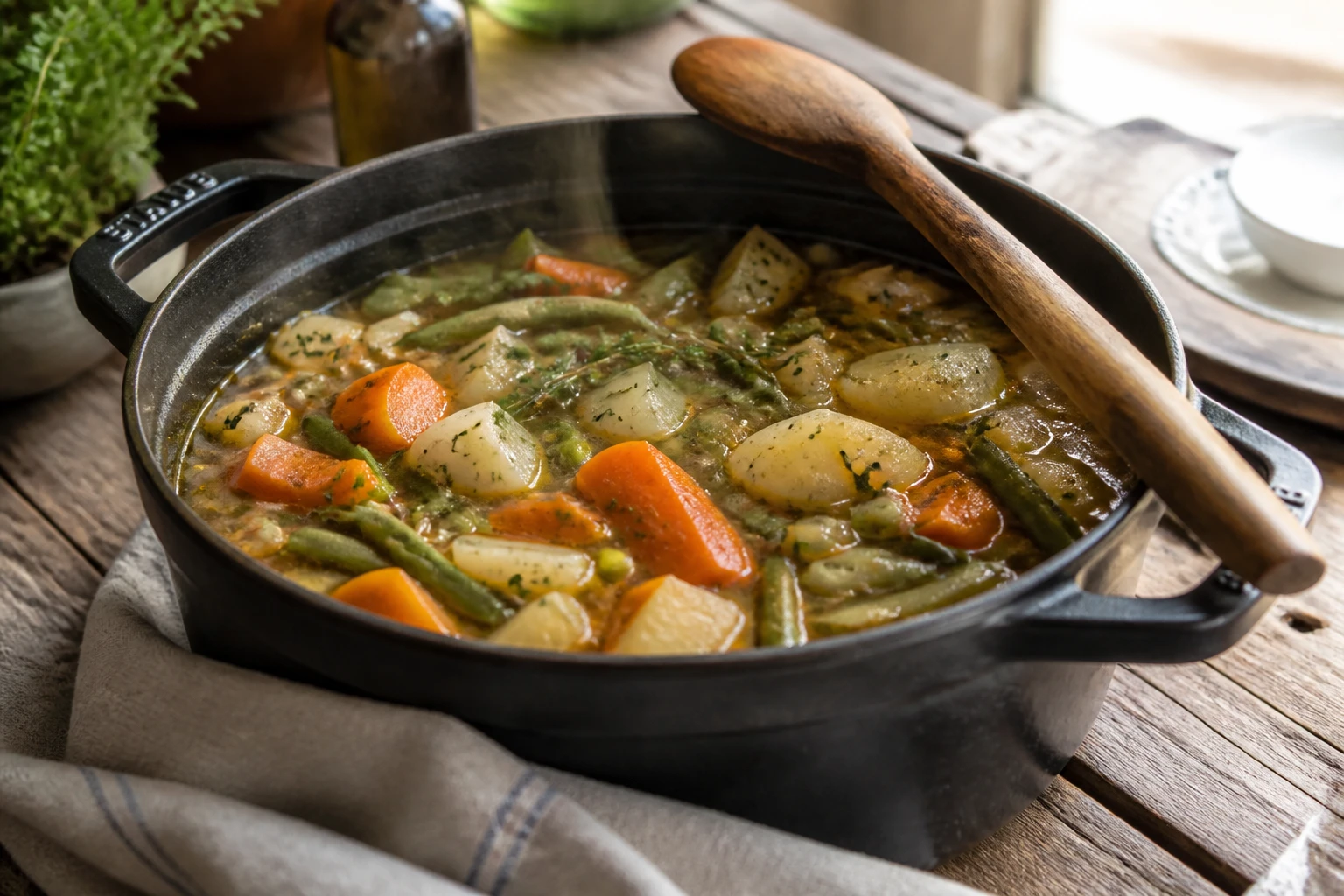 Jardinière de légumes grand-mère mijotée dans une cocotte en fonte, carottes, haricots verts et petits pois