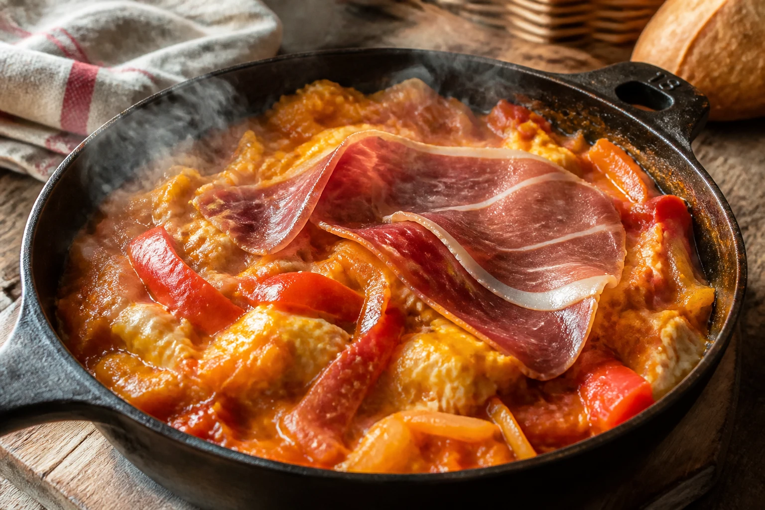 Piperade basque grand-mère dans une cocotte en fonte avec jambon de Bayonne et œufs liés, lumière chaude