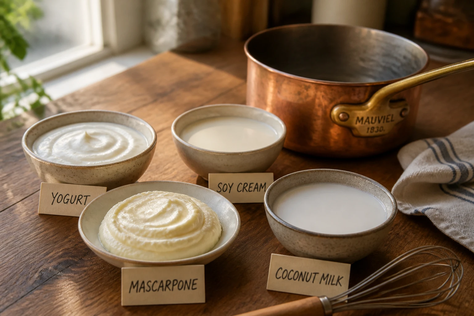 Différents substituts de la crème fraîche disposés dans des bols sur un plan de travail en bois
