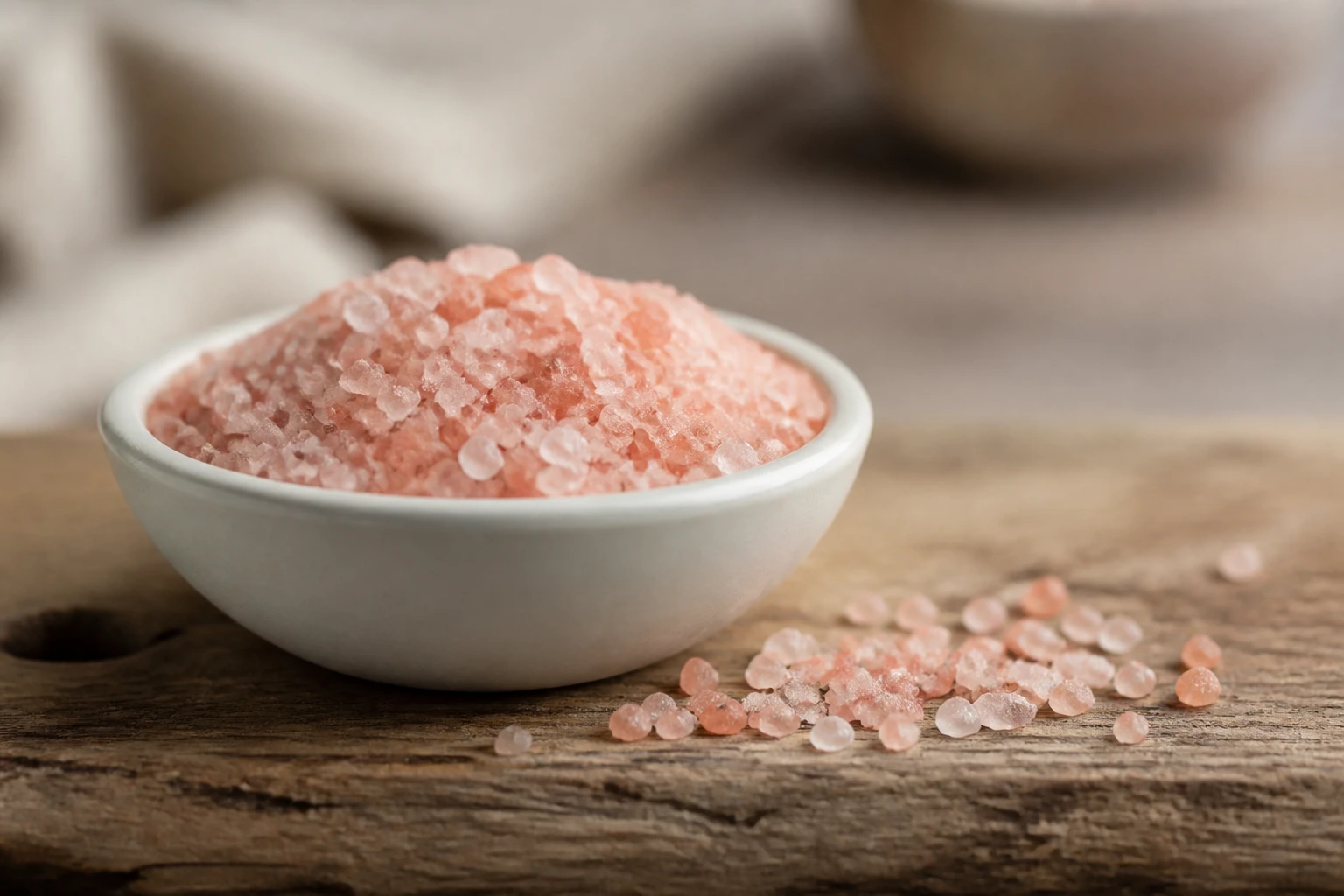 Cristaux de sel rose de l'Himalaya dans un bol en céramique blanche posé sur bois naturel