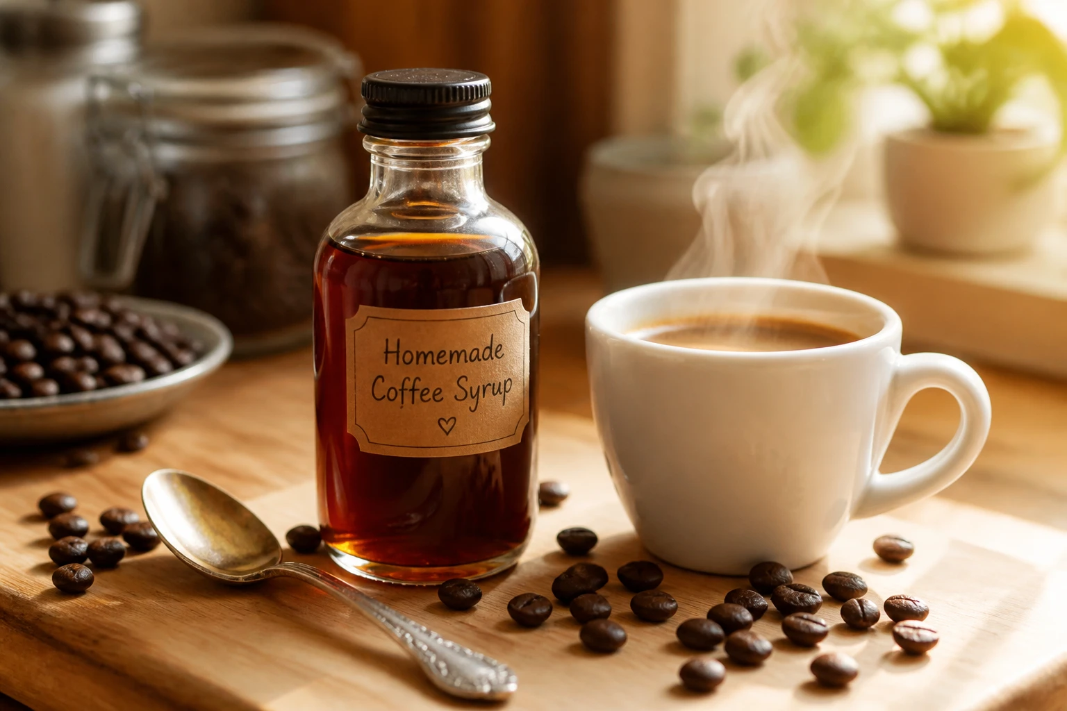 Bouteille de sirop de café maison en verre ambré sur un plan de travail en bois clair, grains de café et cuillère vintage
