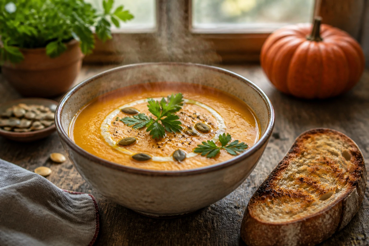 Bol de soupe au potimarron crémeuse garnie de graines de courge et crème fraîche sur table en bois rustique