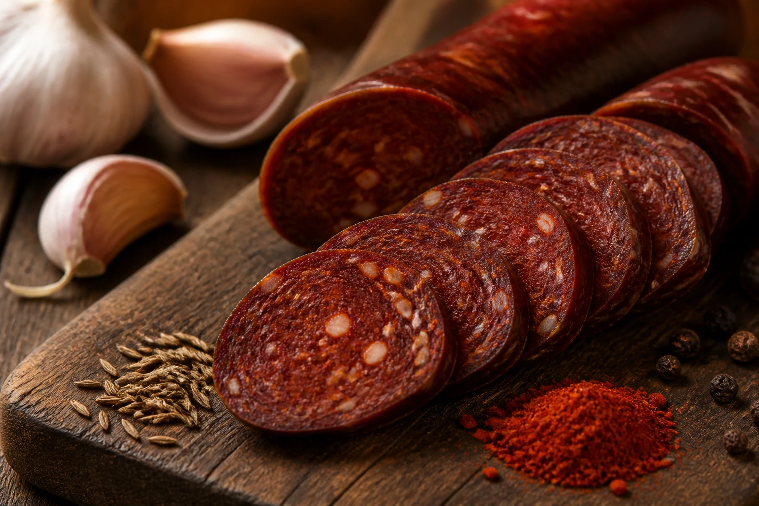 Tranches de sujuk sur une planche en bois avec épices — cumin, paprika, ail