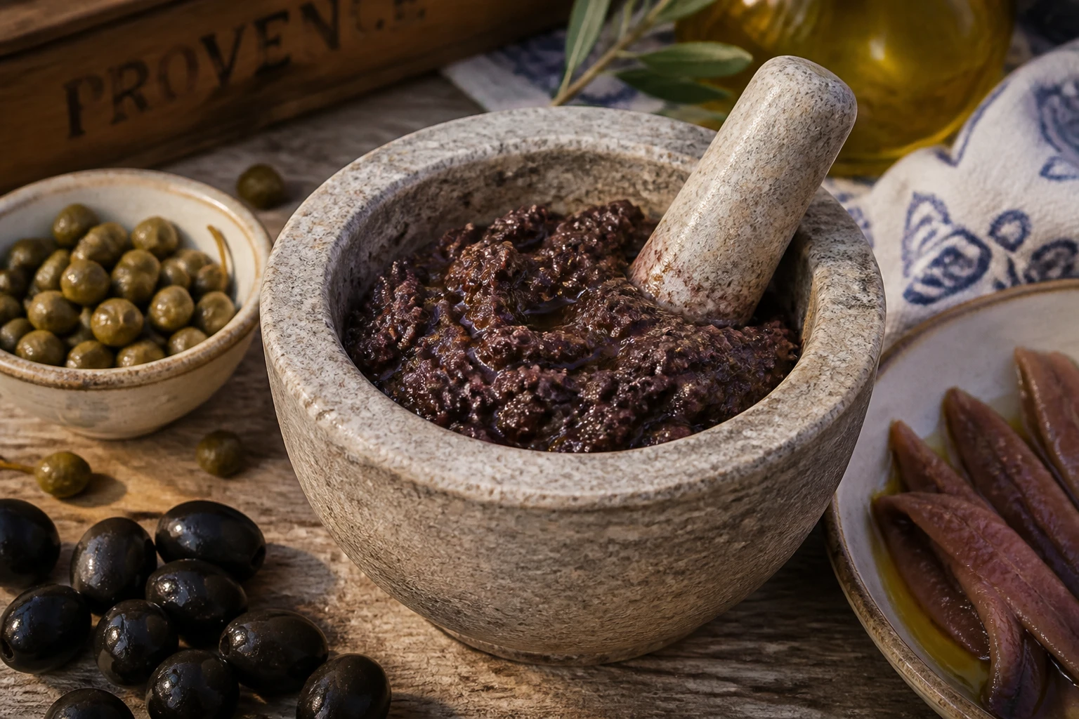 Mortier en pierre rempli de tapenade noire provençale, entouré d'olives, câpres et anchois sur table en bois