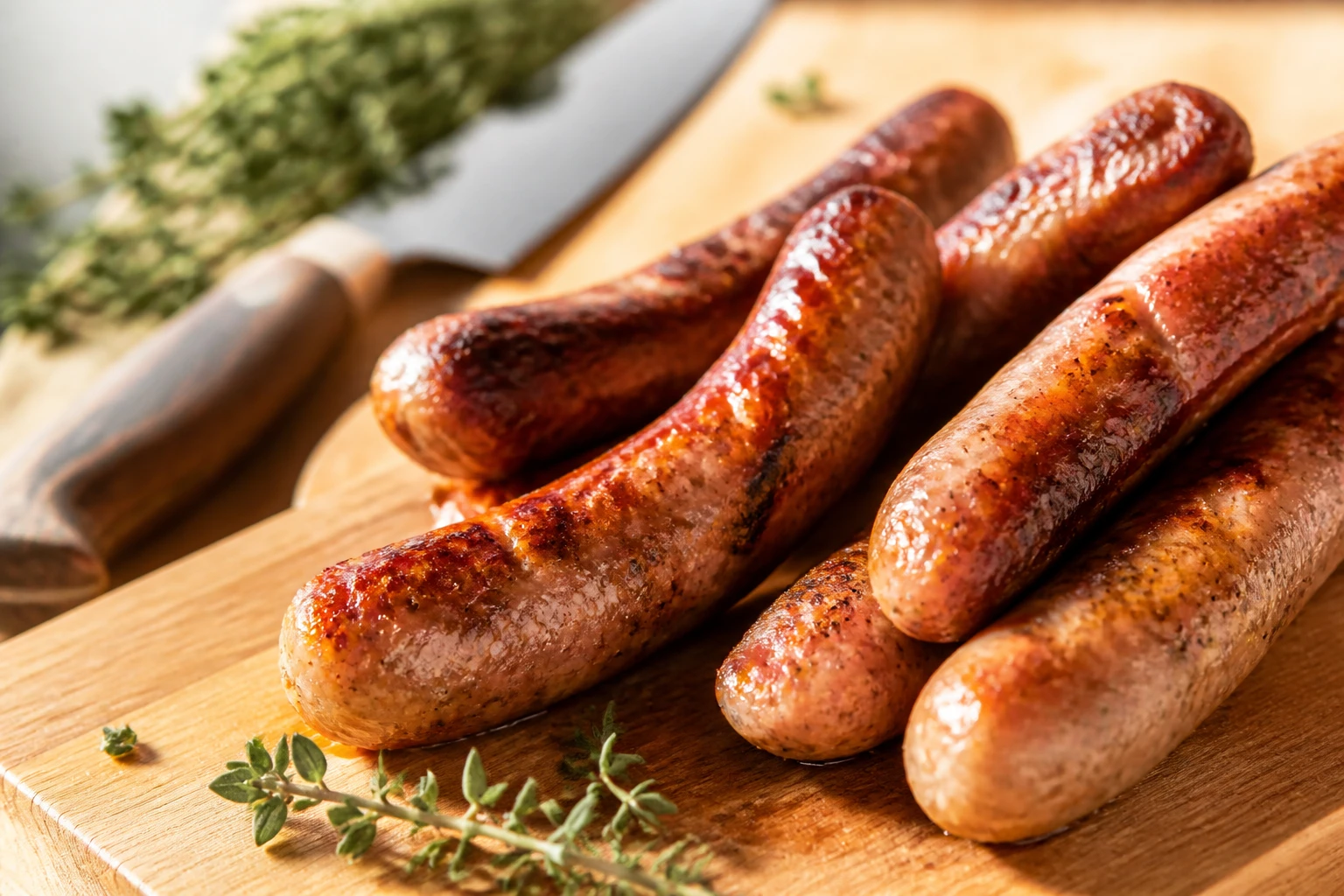 Chipolatas saucisses grillées et dorées servies sur une planche en bois avec herbes fraîches