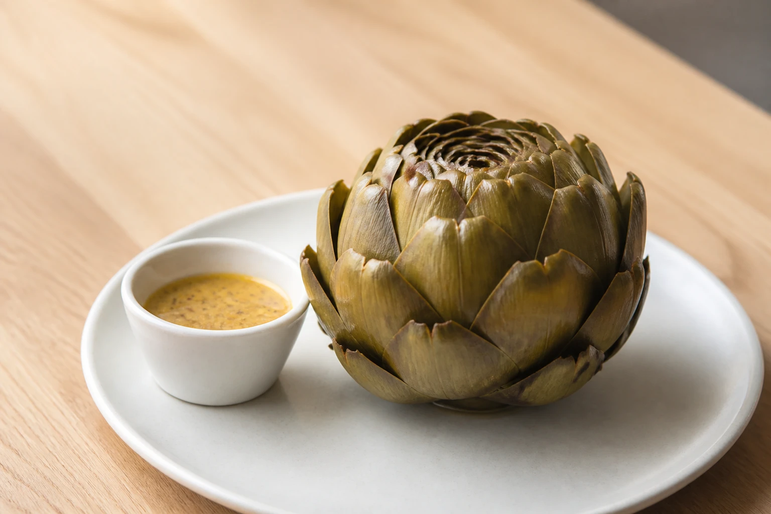 Artichaut cuit entier sur assiette en céramique avec vinaigrette, éclairage naturel