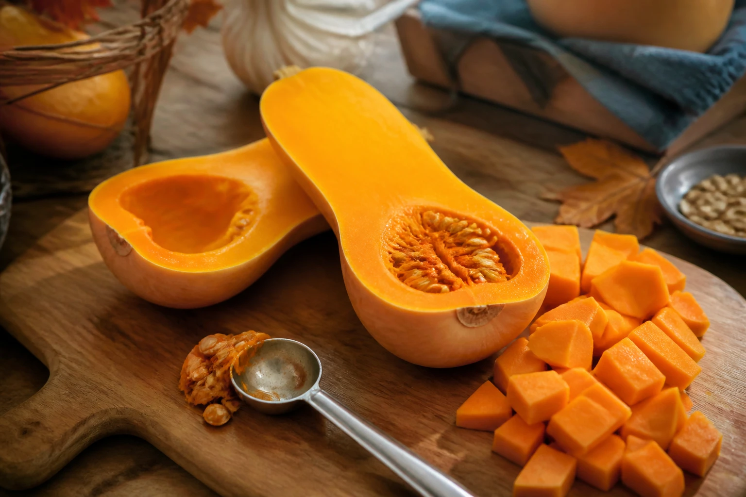 Butternut coupé en deux sur une planche en bois avec des cubes de courge orangés et une cuillère à glace