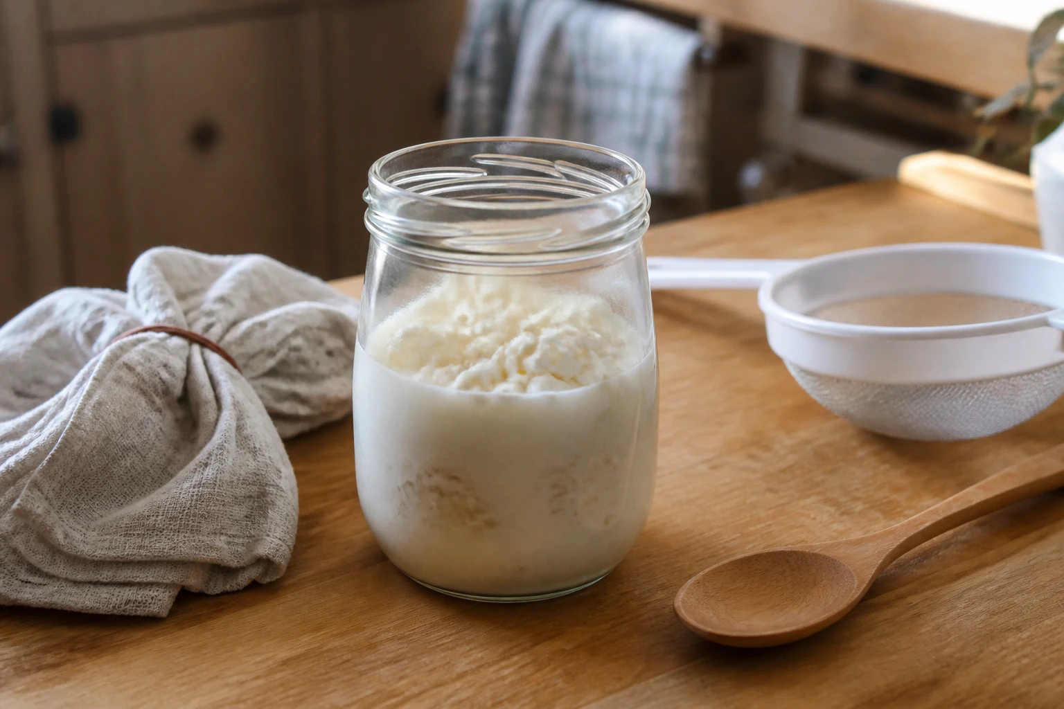Bocal en verre avec grains de kéfir de lait et tissu de fermentation sur plan de travail en bois