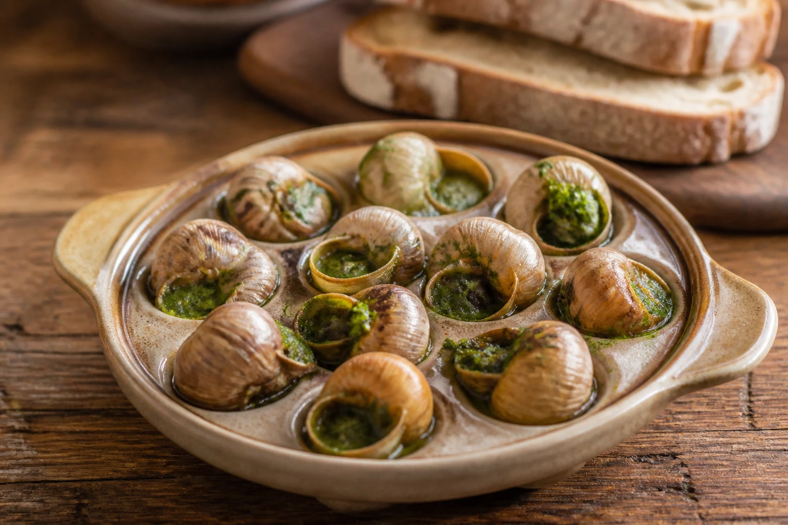 Escargots garnis de beurre persillé doré servis dans leurs coquilles sur un plat traditionnel