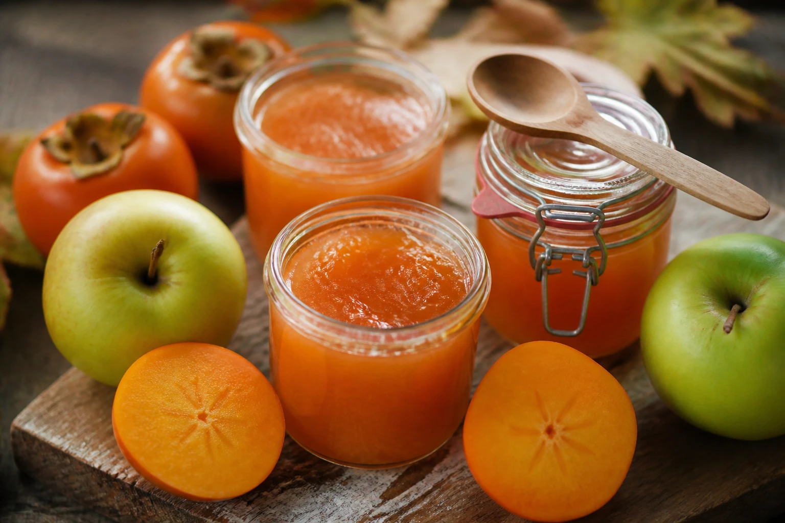 Pots de confiture de kaki et pommes entourés de fruits frais sur une table en bois