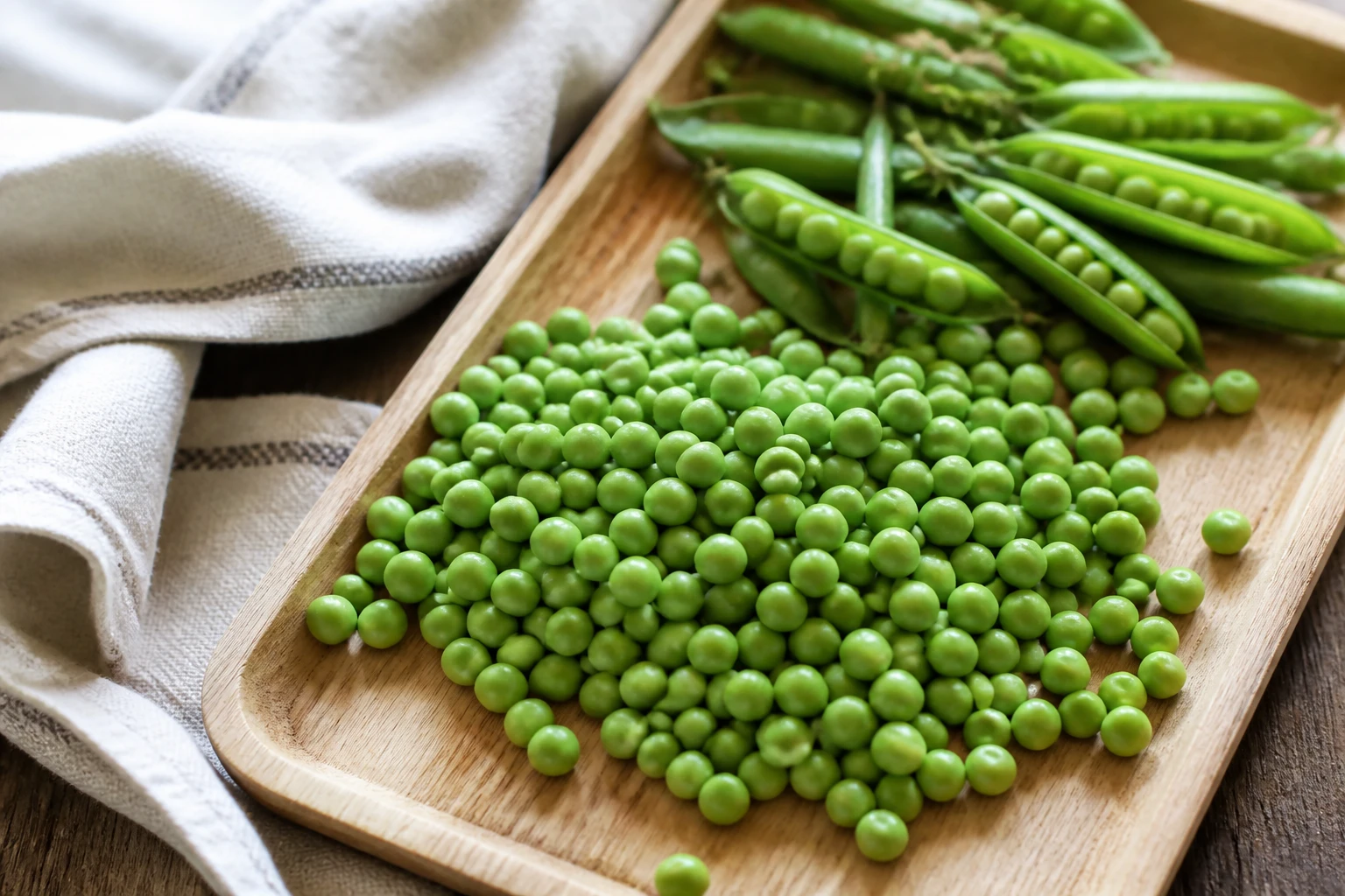 Petits pois frais écossés étalés sur un plateau en bois avant congélation à plat