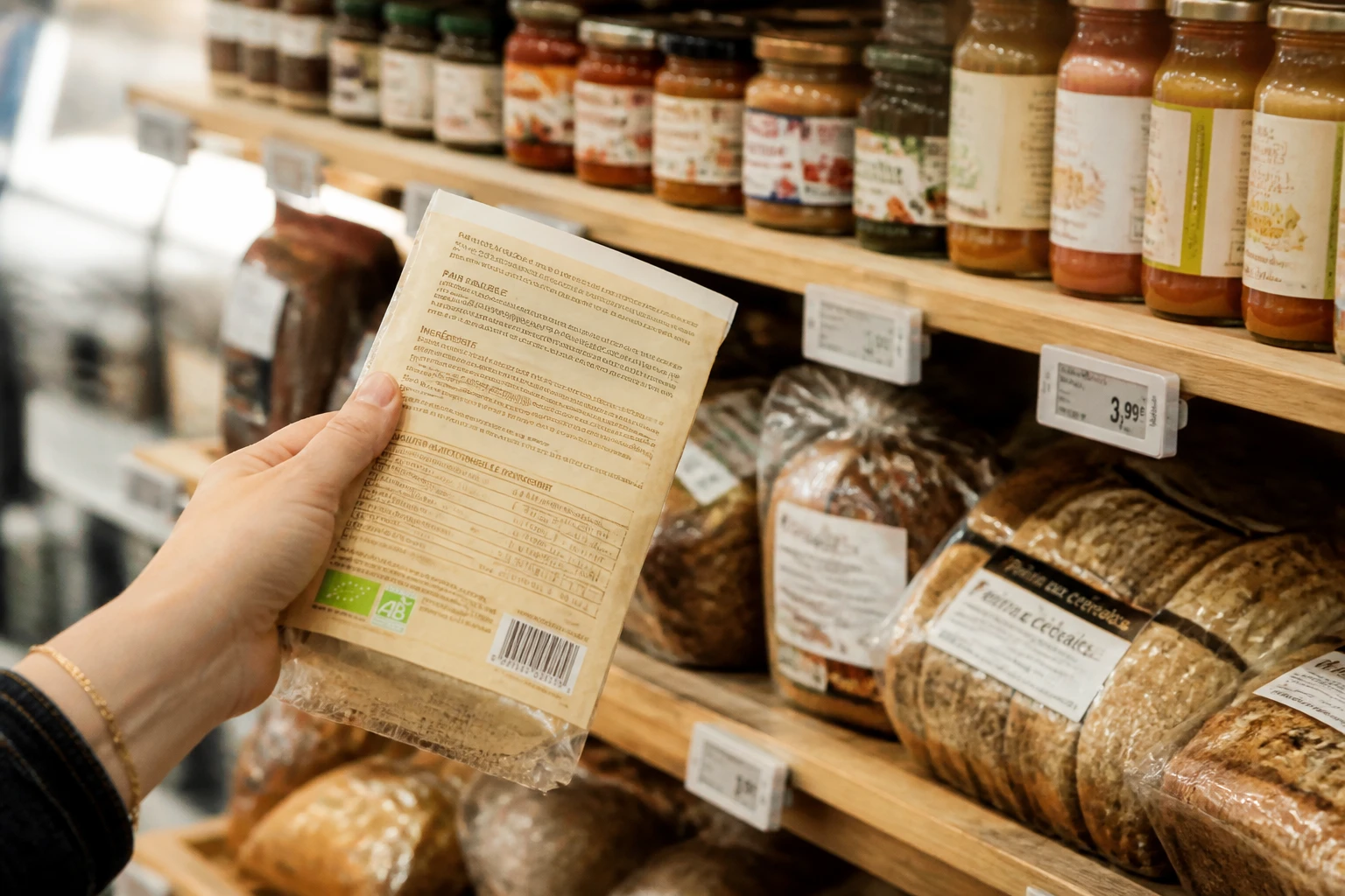 Main tenant un emballage alimentaire et lisant l'étiquette des ingrédients en rayon