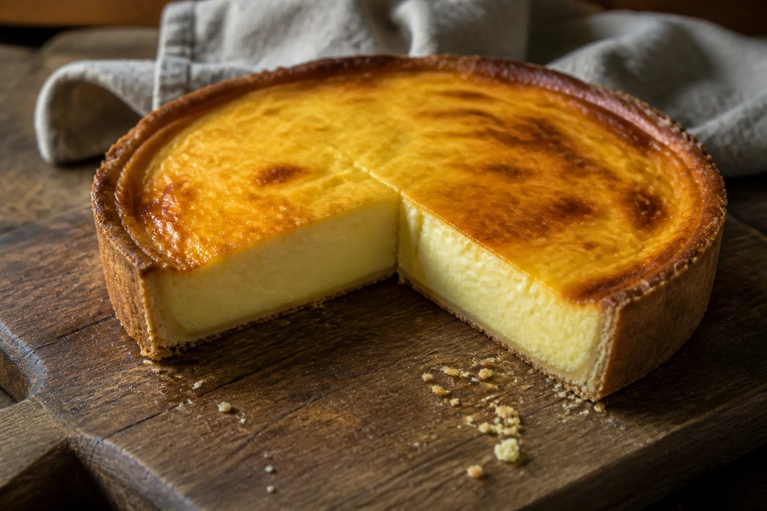 Flan pâtissier de grand-mère démoulé sur planche en bois, part coupée révélant une crème dorée