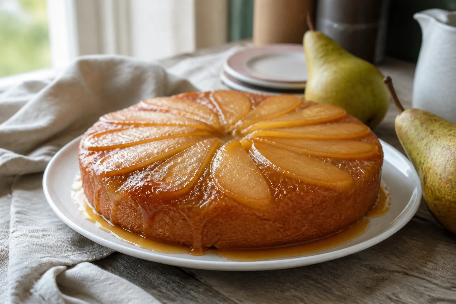 Gâteau renversé aux poires et caramel doré sur plat en céramique, style recette de grand-mère