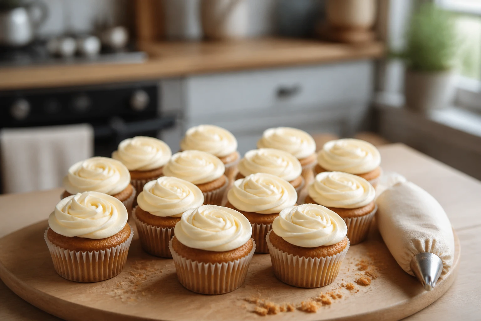 Cupcakes glacés au mascarpone pochés en forme de rose, disposés sur un plateau en bois