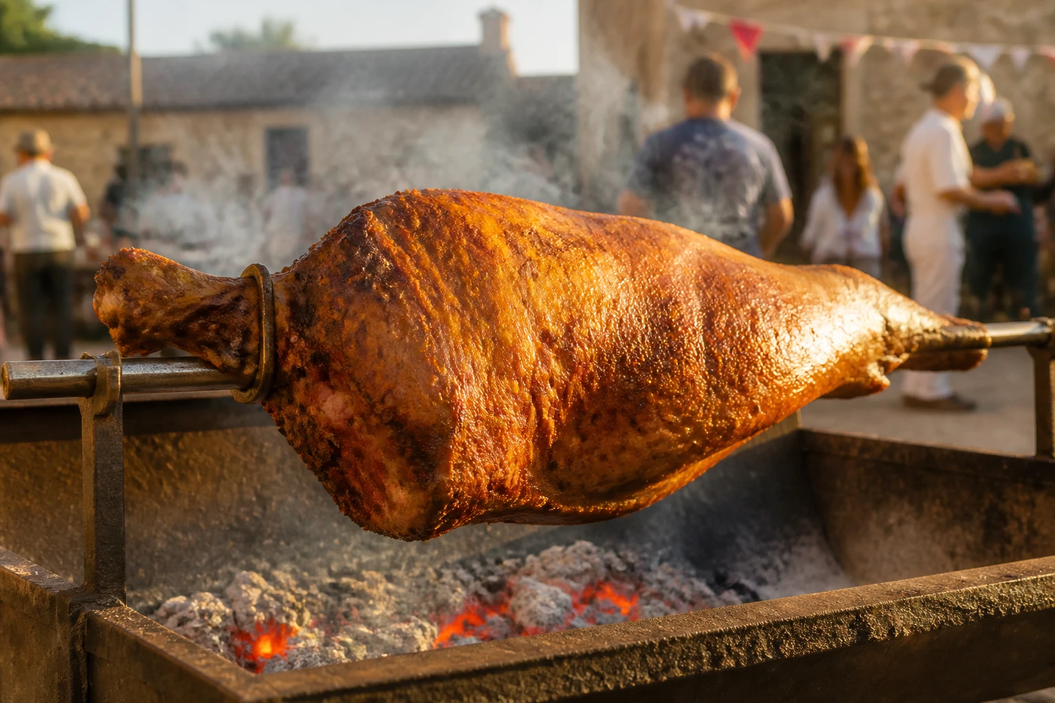 Jambon entier cuisant à la broche au-dessus d'un brasero de braises