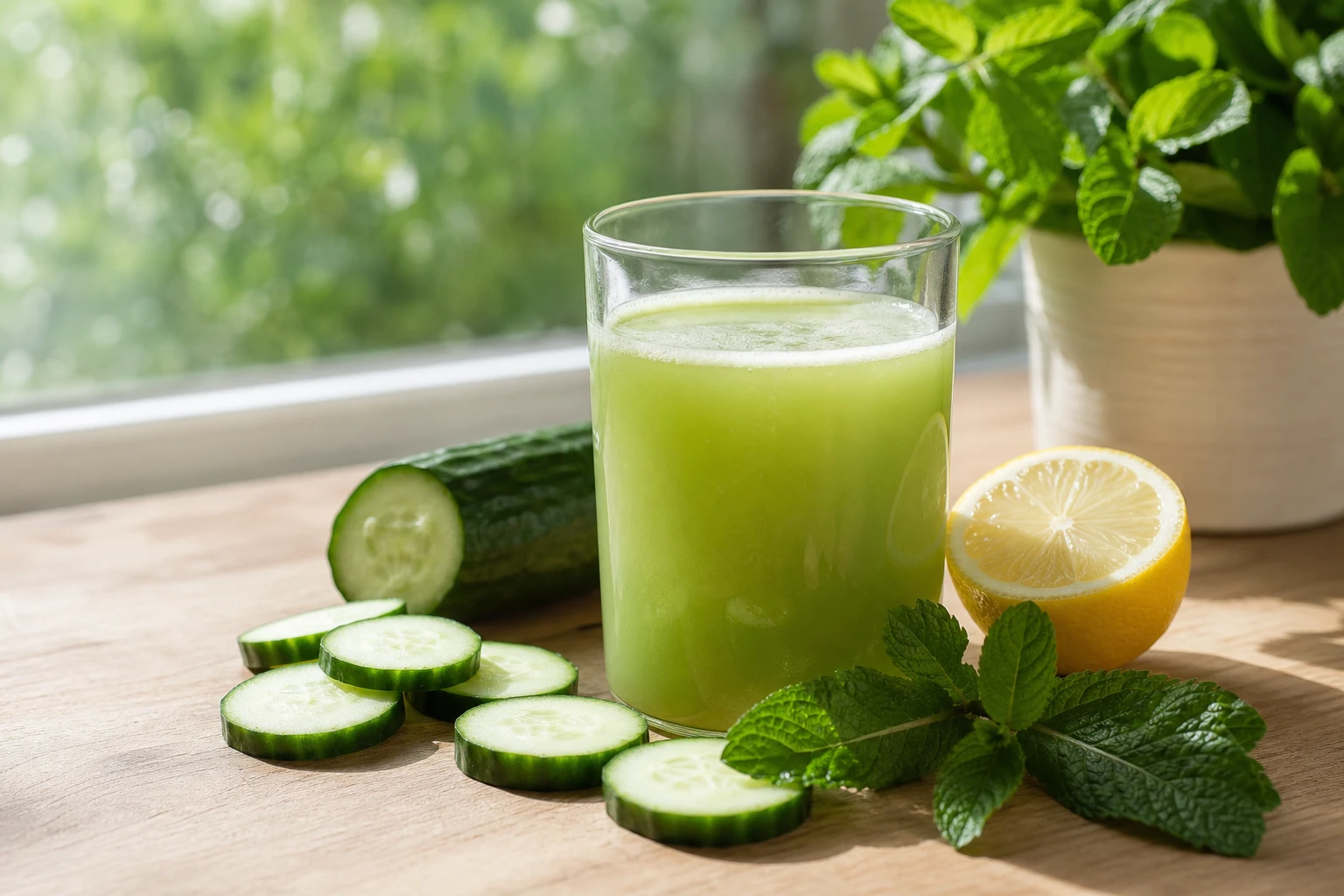 Verre de jus de concombre frais entouré de rondelles de concombre et de menthe sur table en bois