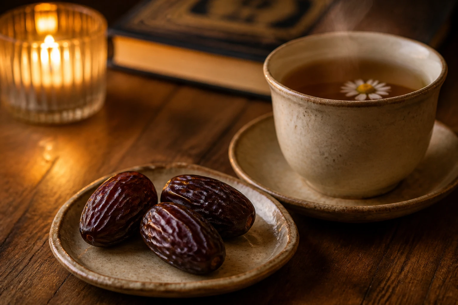 Trois dattes Medjool sur une assiette en céramique avec une tasse d'infusion chaude, lumière tamisée de soirée