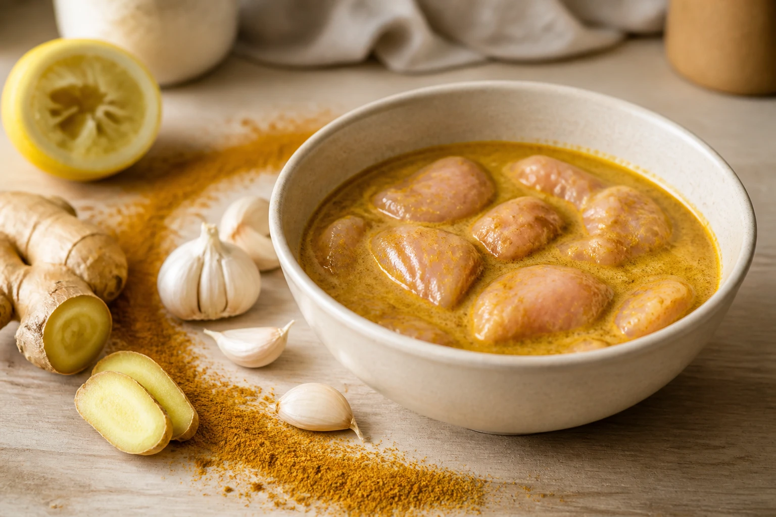 Marinade curry maison dans un bol en céramique avec poulet cru, épices fraîches, gingembre et citron sur plan de travail bois
